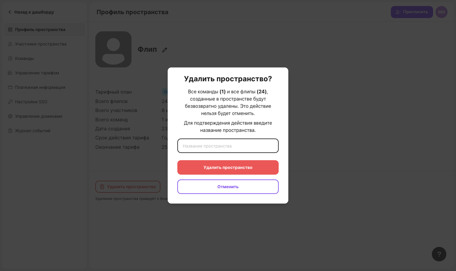 The “Delete the space?” window with the number of teams and flips and a field for the space name