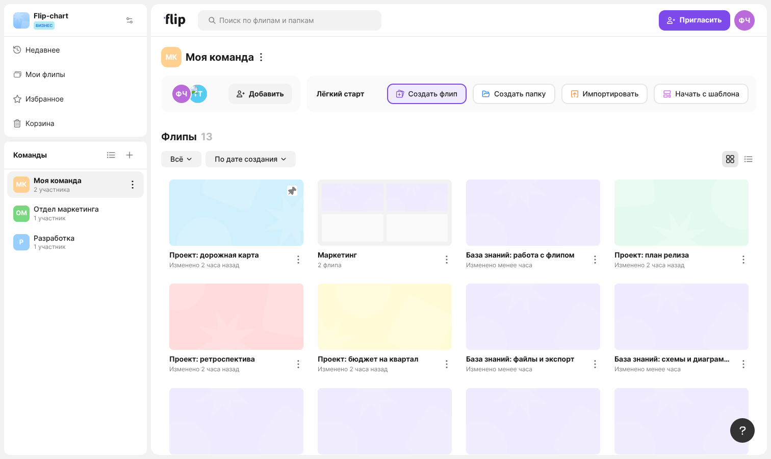 The “Quick start” panel with the “Create flip” button on a team page