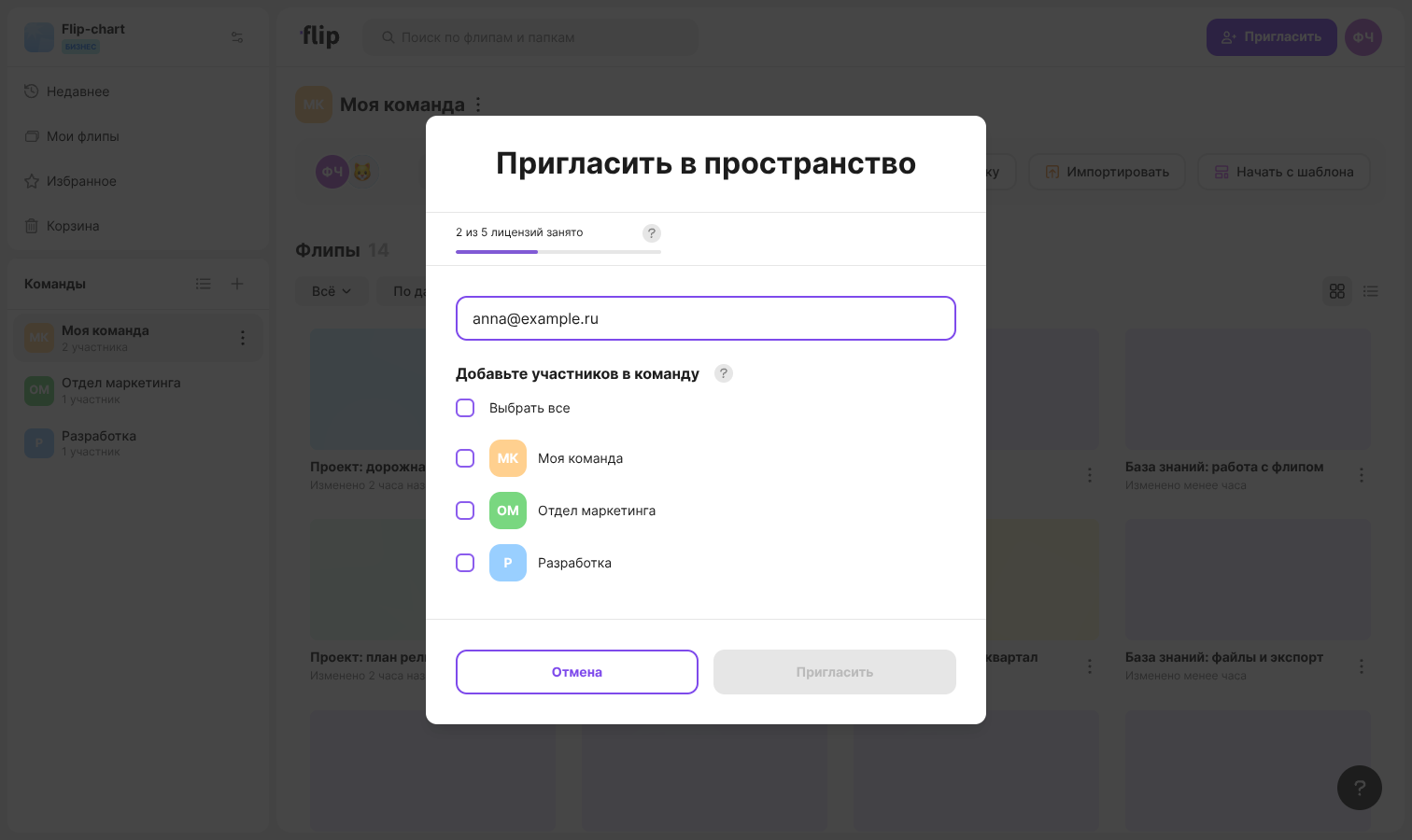 The “Invite to the space” window with the license counter, the email field and the list of teams