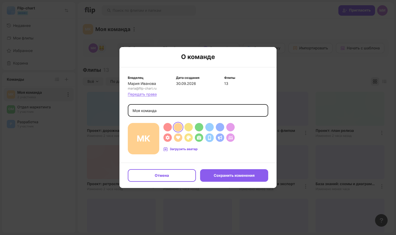 The “About Team” window with the creator, creation date, number of flips and avatar settings